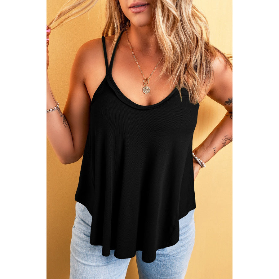 Scoop Neck Double Spaghetti Strap Cami Black / S Apparel and Accessories