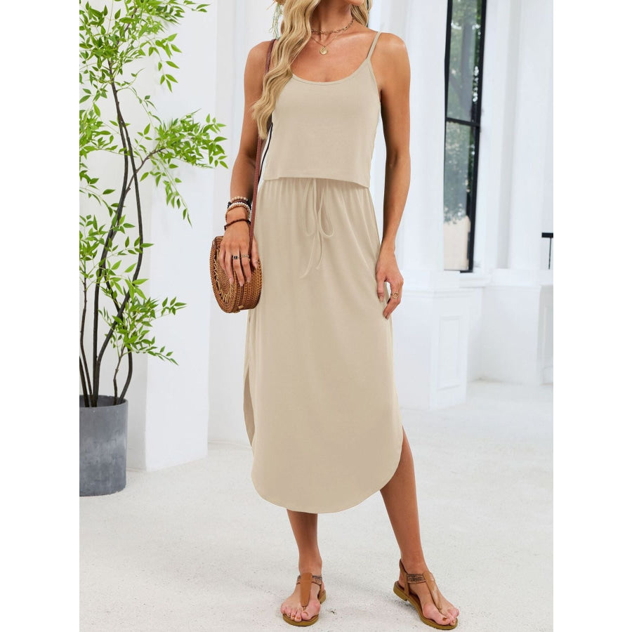 Scoop Neck Drawstring Waist Dress Apricot / S Apparel and Accessories