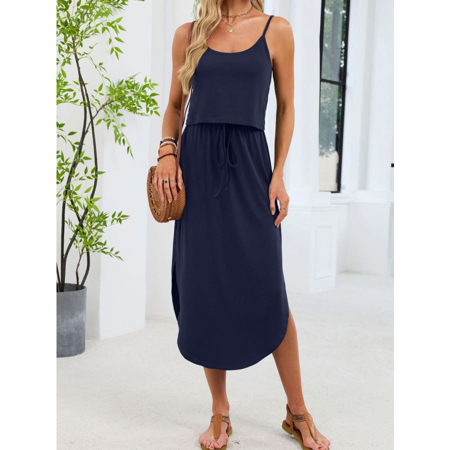 Scoop Neck Drawstring Waist Dress Navy / S Apparel and Accessories