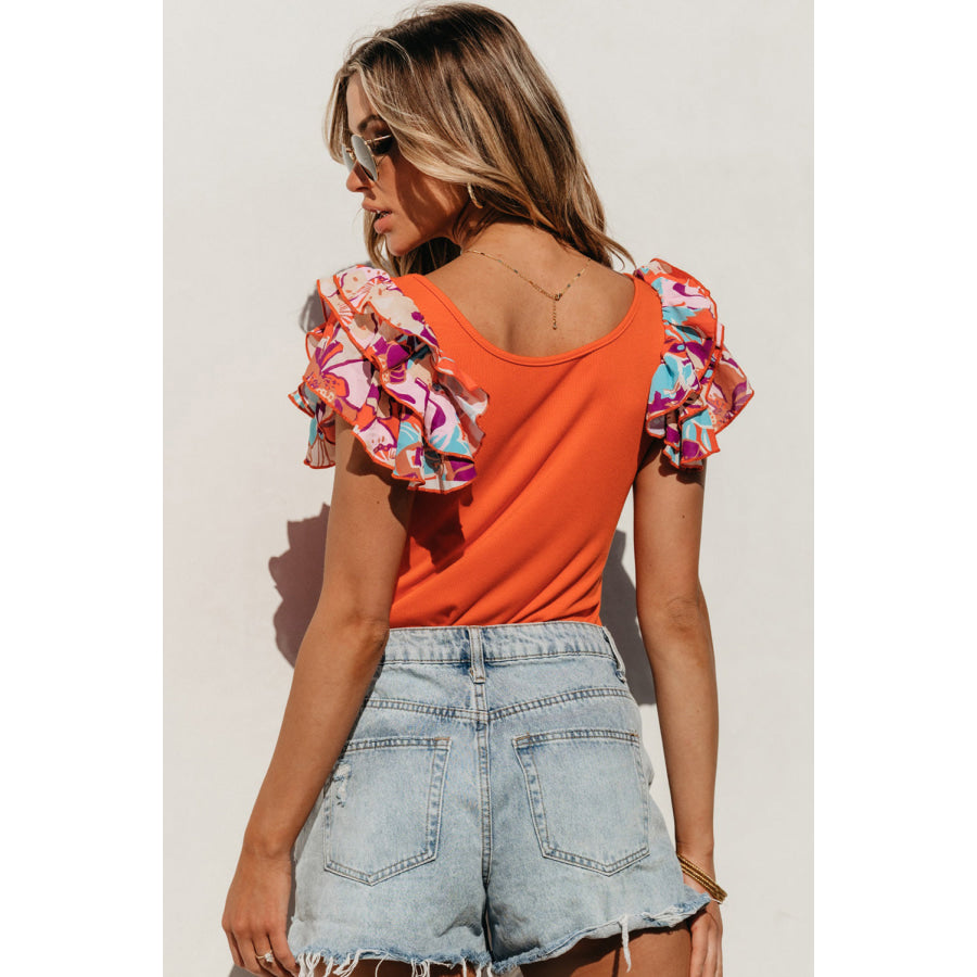 Scoop Neck Flounce Sleeve Bodysuit Red Orange / S Apparel and Accessories