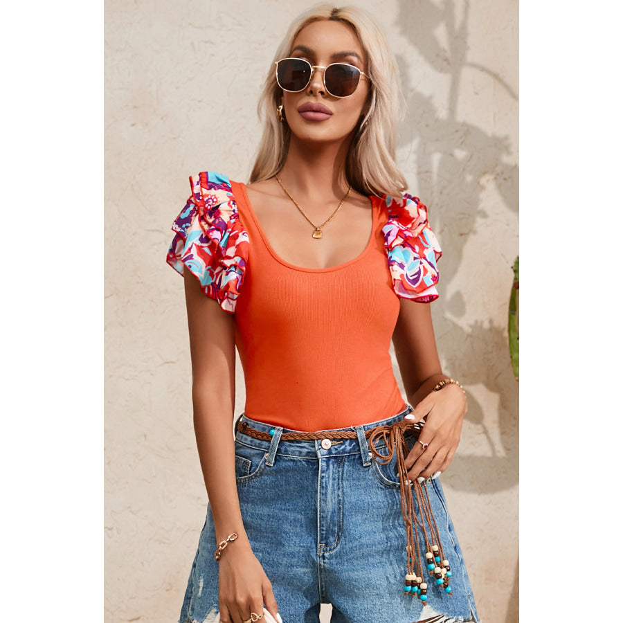 Scoop Neck Flounce Sleeve Bodysuit Red Orange / S Apparel and Accessories