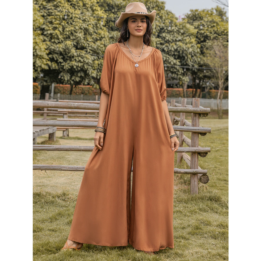 Scoop Neck Half Sleeve Wide Leg Jumpsuit Apparel and Accessories