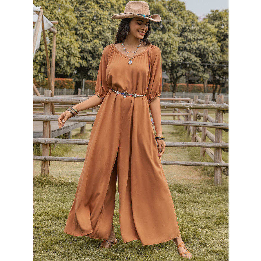 Scoop Neck Half Sleeve Wide Leg Jumpsuit Apparel and Accessories
