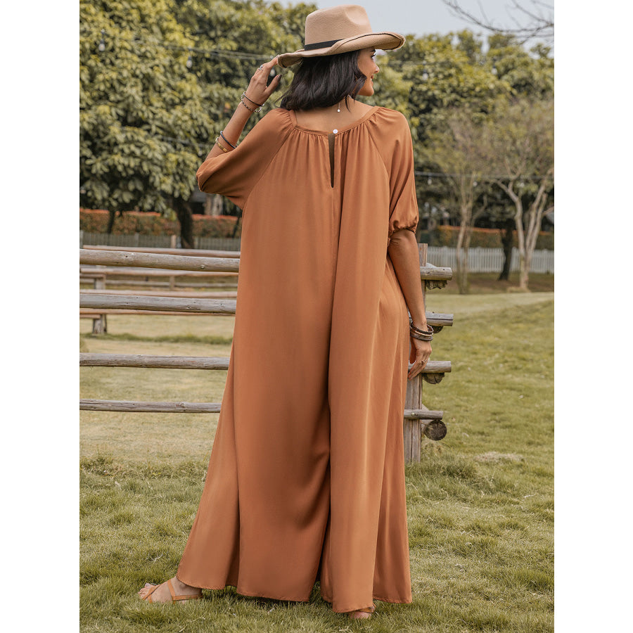 Scoop Neck Half Sleeve Wide Leg Jumpsuit Caramel / S Apparel and Accessories