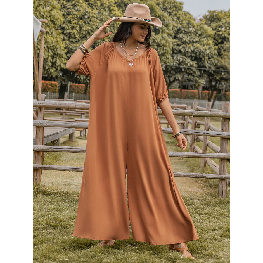 Scoop Neck Half Sleeve Wide Leg Jumpsuit Apparel and Accessories