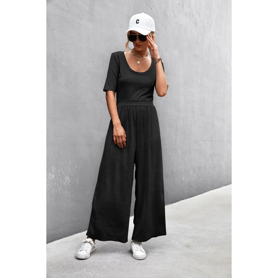 Scoop Neck Half Sleeve Wide Leg Jumpsuit Black / S