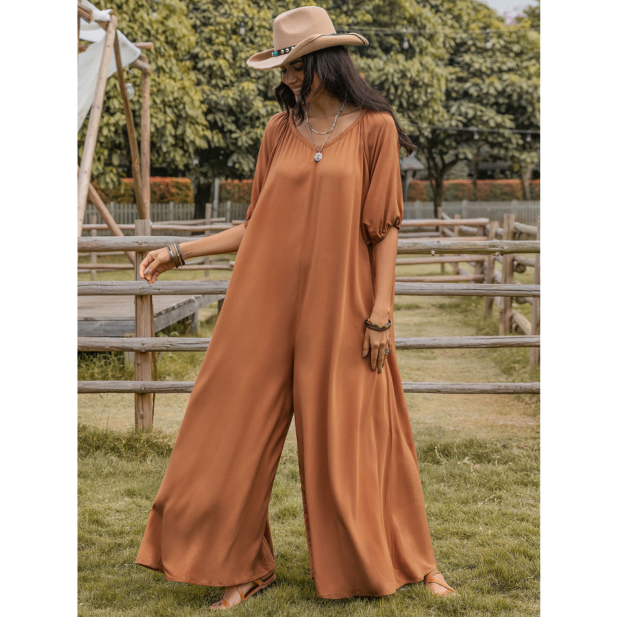Scoop Neck Half Sleeve Wide Leg Jumpsuit Caramel / S Apparel and Accessories