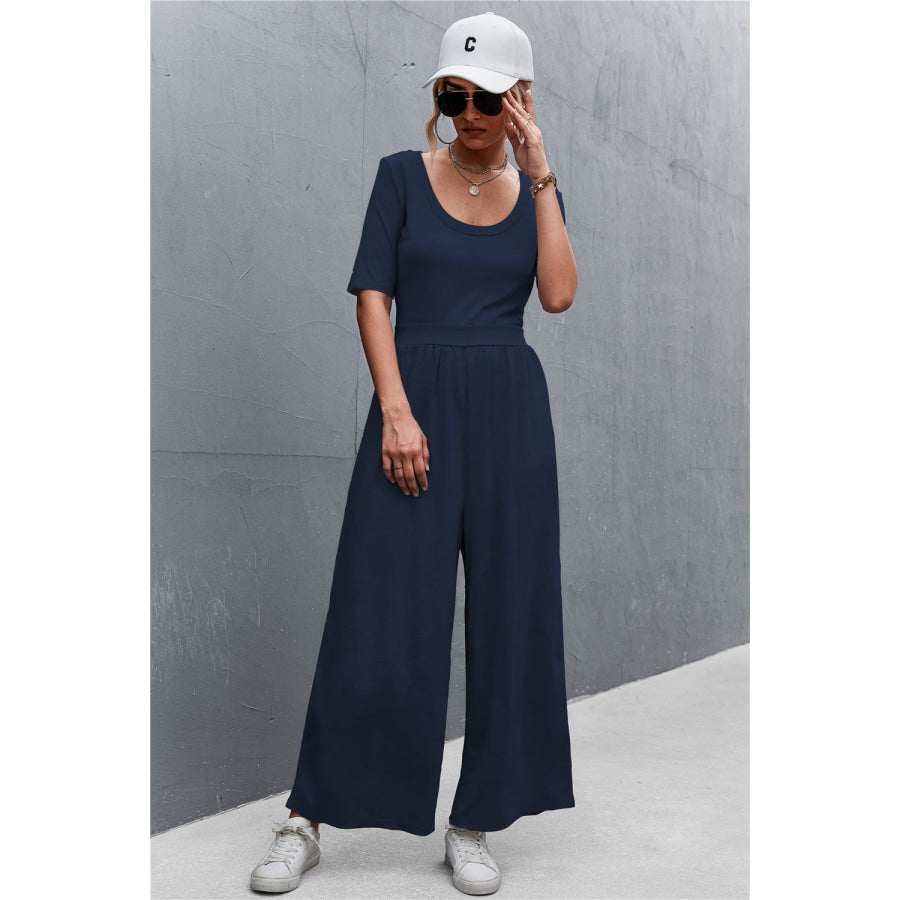 Scoop Neck Half Sleeve Wide Leg Jumpsuit Dark Navy / S