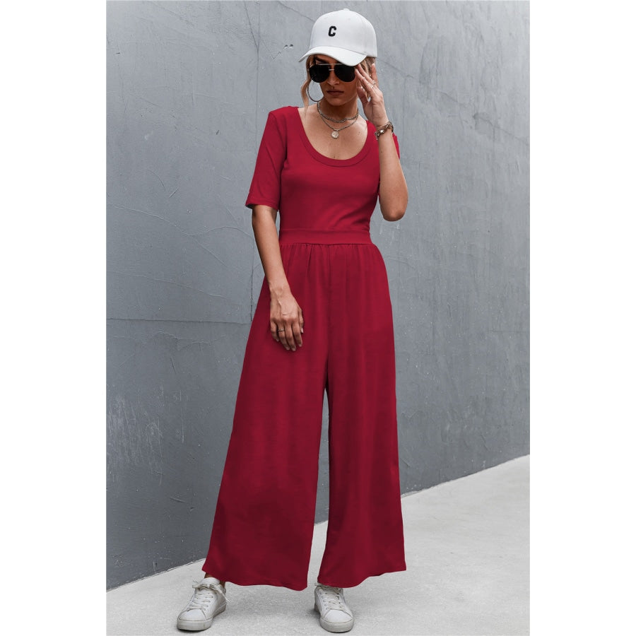 Scoop Neck Half Sleeve Wide Leg Jumpsuit Deep Red / S