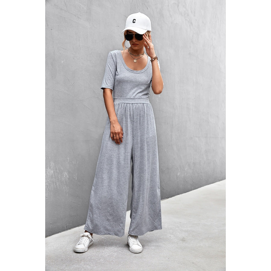 Scoop Neck Half Sleeve Wide Leg Jumpsuit Heather Gray / S