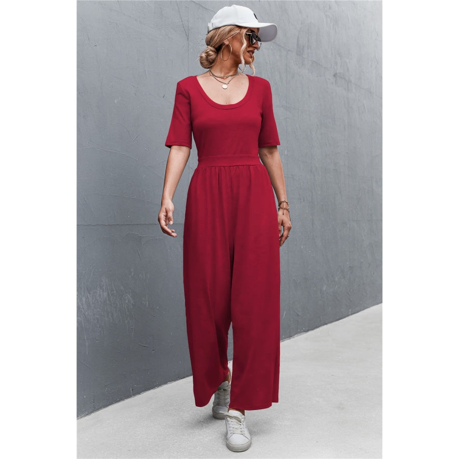 Scoop Neck Half Sleeve Wide Leg Jumpsuit