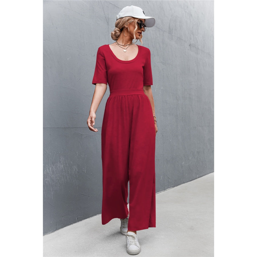 Scoop Neck Half Sleeve Wide Leg Jumpsuit