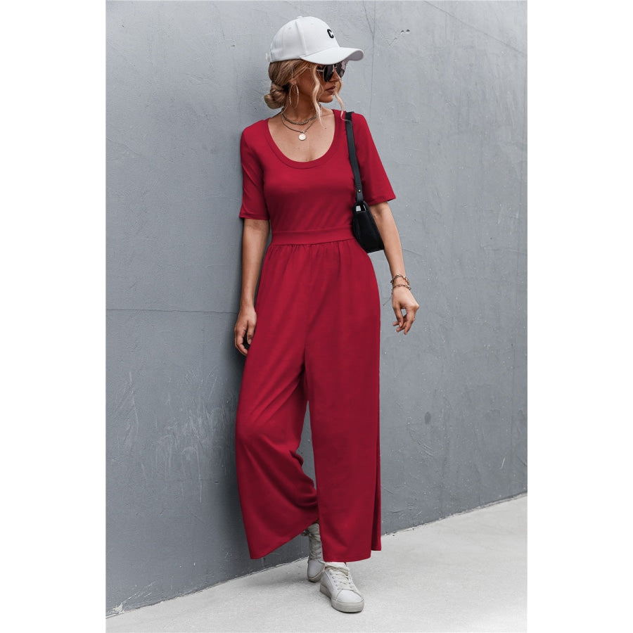 Scoop Neck Half Sleeve Wide Leg Jumpsuit