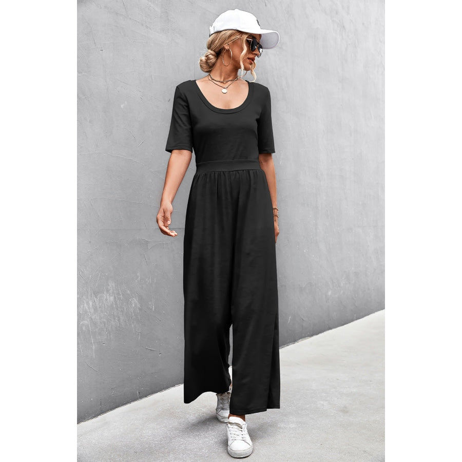 Scoop Neck Half Sleeve Wide Leg Jumpsuit