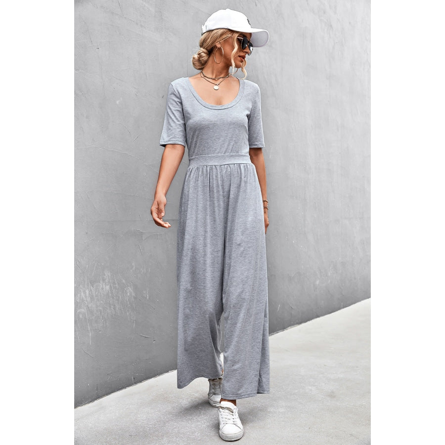 Scoop Neck Half Sleeve Wide Leg Jumpsuit