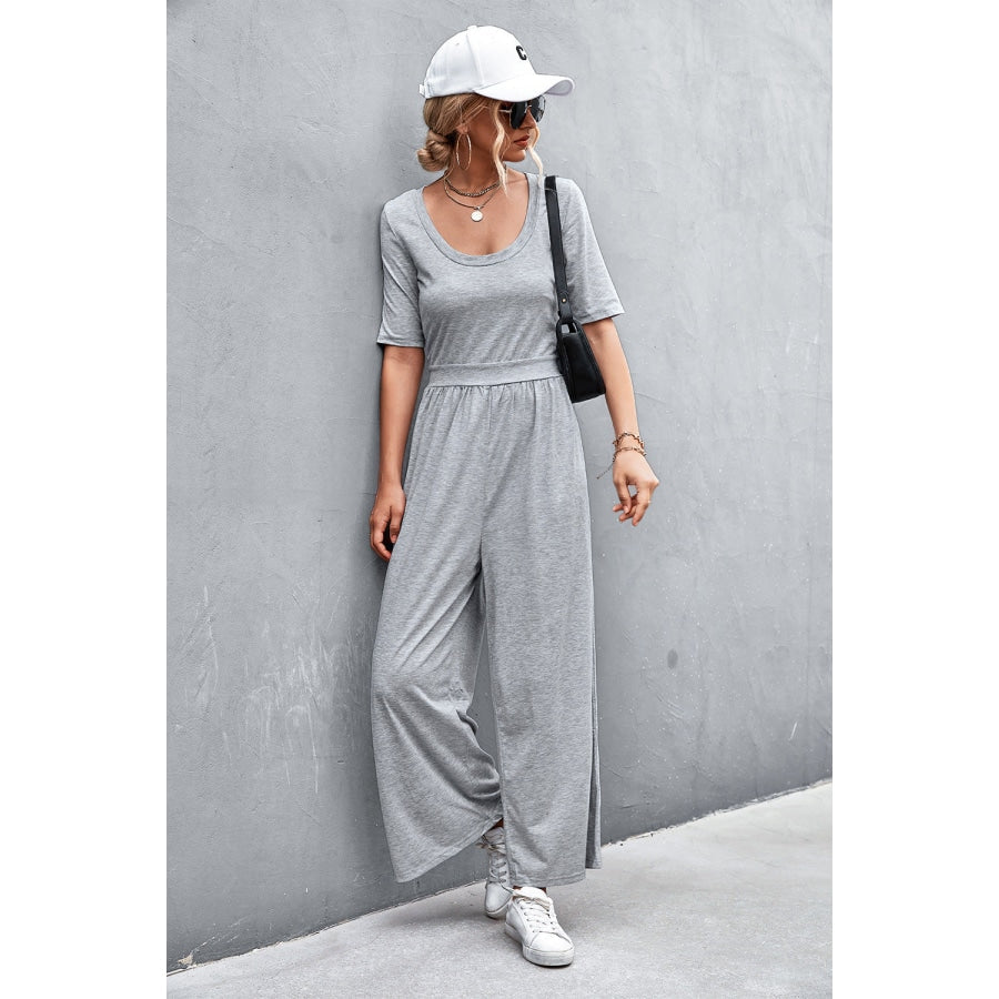 Scoop Neck Half Sleeve Wide Leg Jumpsuit