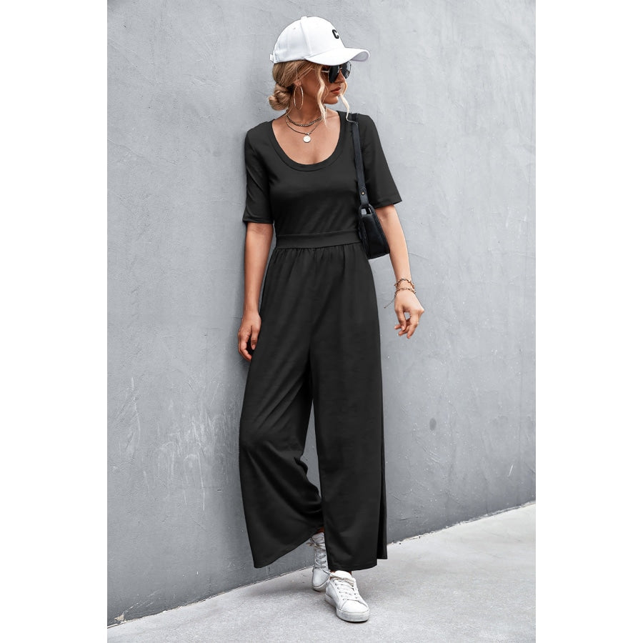 Scoop Neck Half Sleeve Wide Leg Jumpsuit