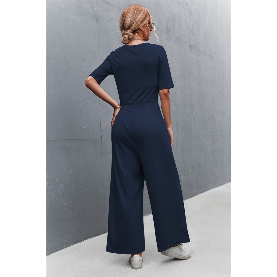 Scoop Neck Half Sleeve Wide Leg Jumpsuit