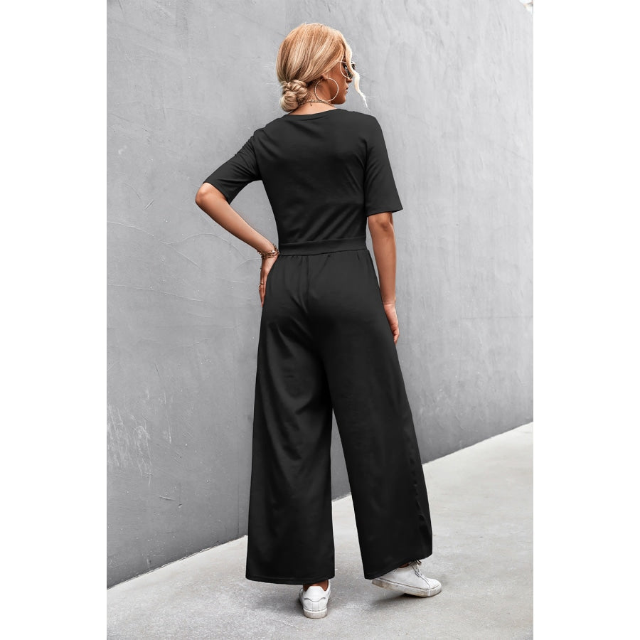 Scoop Neck Half Sleeve Wide Leg Jumpsuit