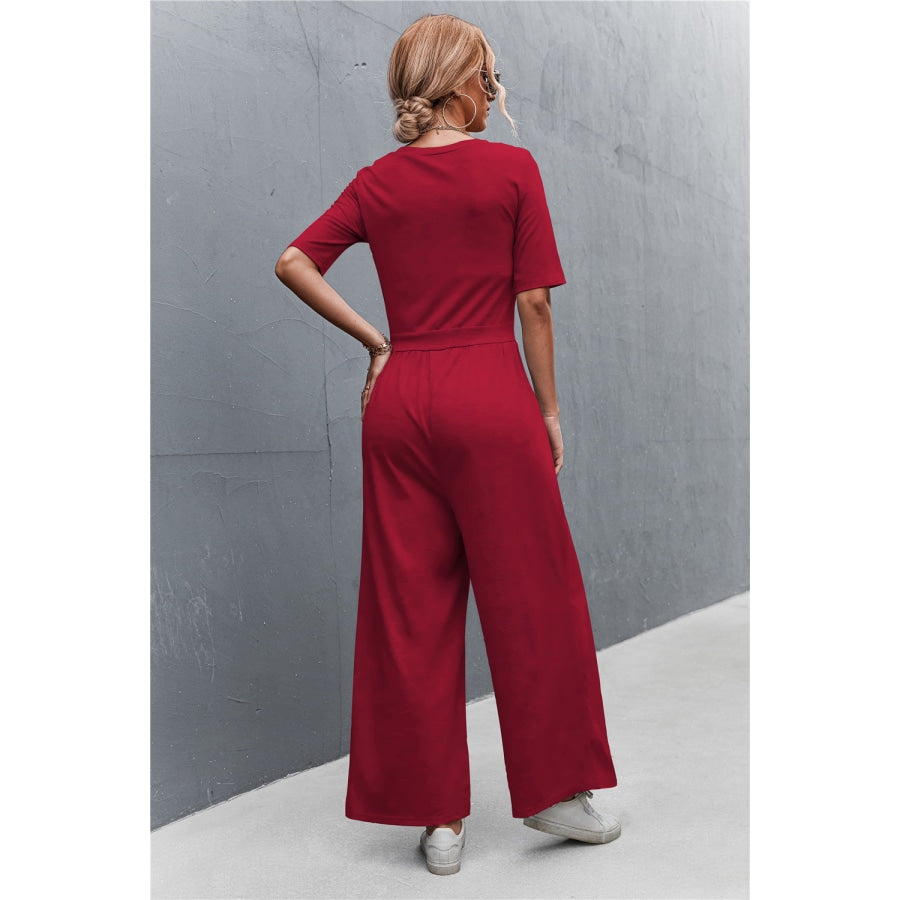 Scoop Neck Half Sleeve Wide Leg Jumpsuit