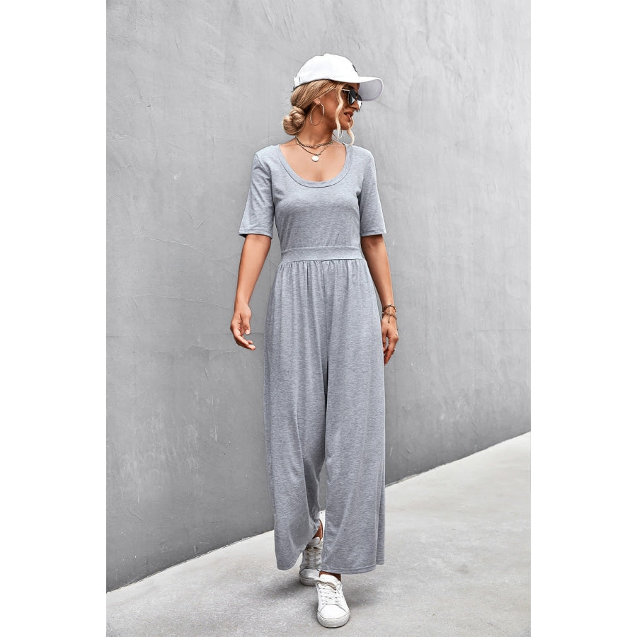 Scoop Neck Half Sleeve Wide Leg Jumpsuit