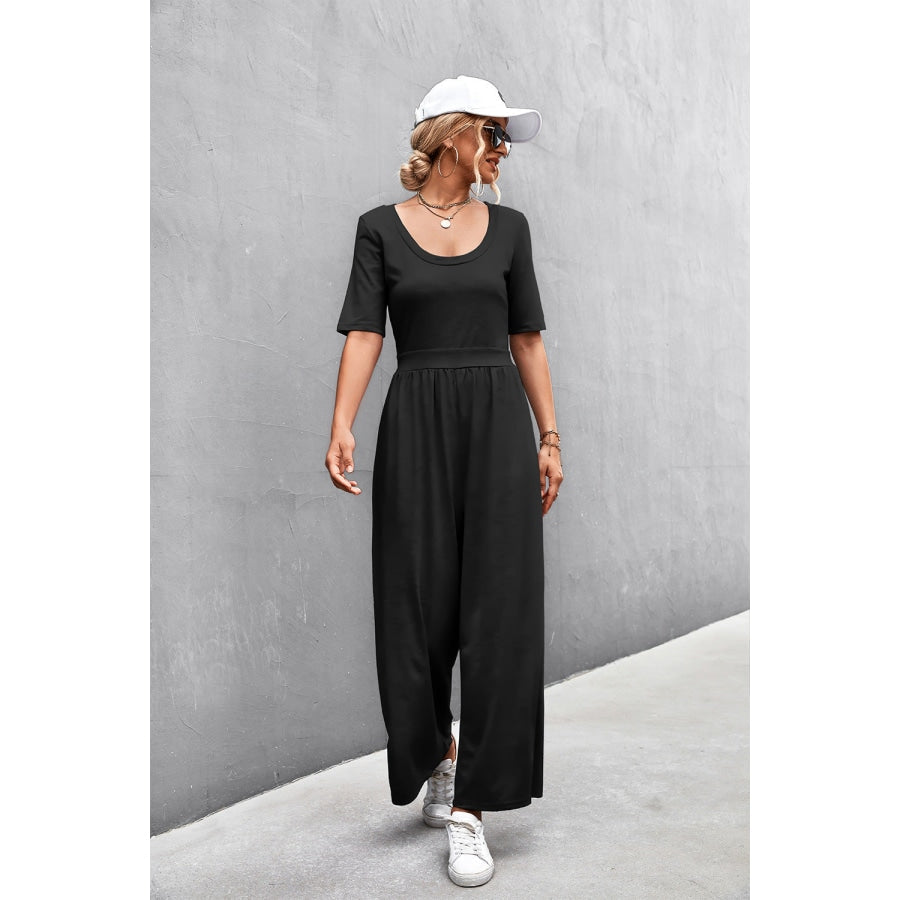 Scoop Neck Half Sleeve Wide Leg Jumpsuit