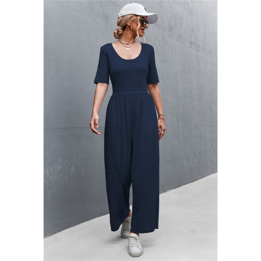 Scoop Neck Half Sleeve Wide Leg Jumpsuit