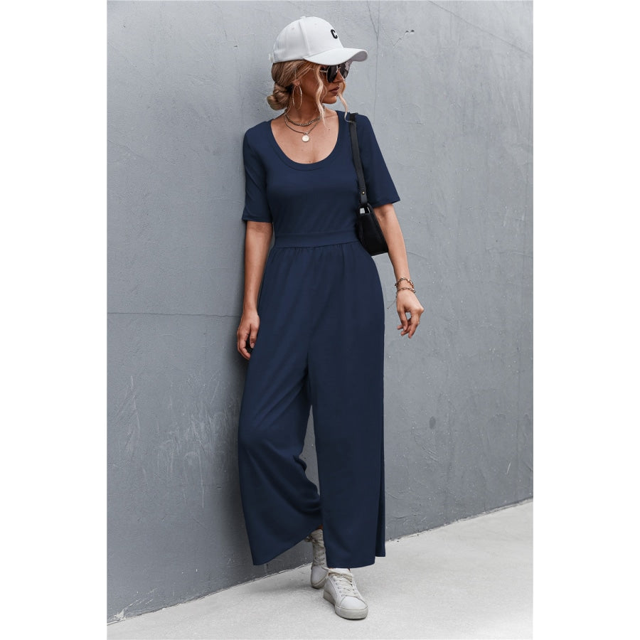 Scoop Neck Half Sleeve Wide Leg Jumpsuit