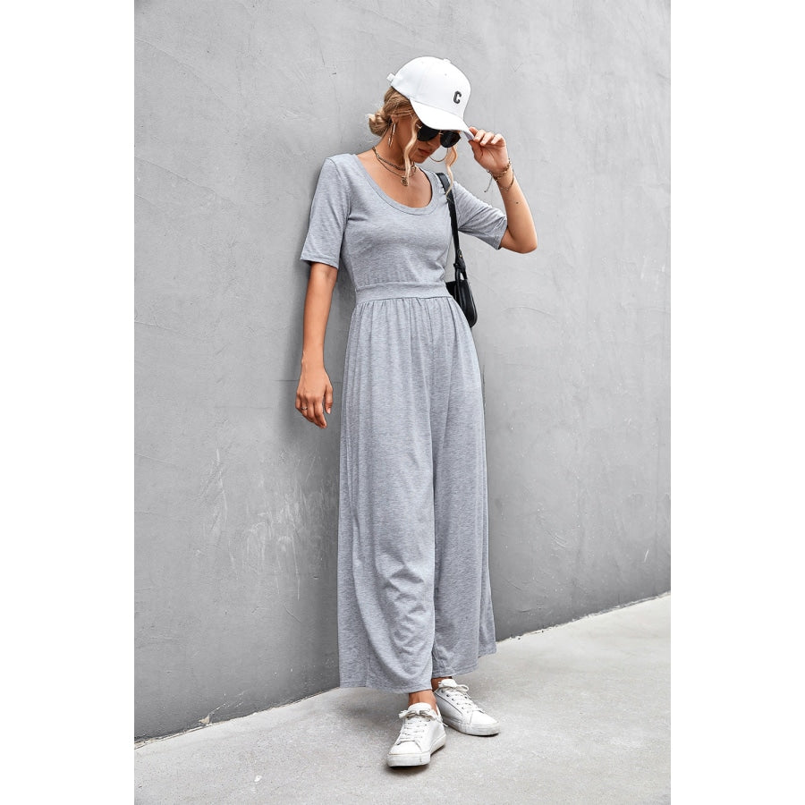 Scoop Neck Half Sleeve Wide Leg Jumpsuit