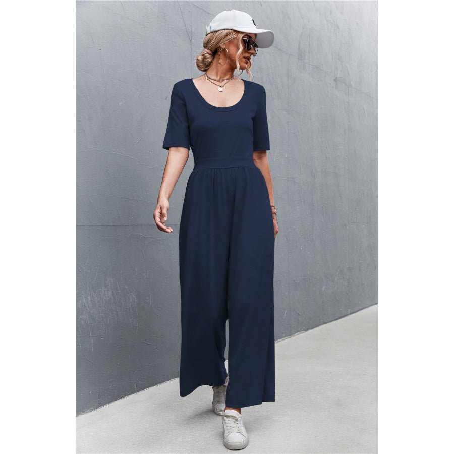 Scoop Neck Half Sleeve Wide Leg Jumpsuit