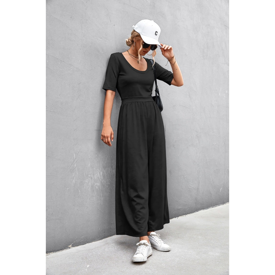 Scoop Neck Half Sleeve Wide Leg Jumpsuit