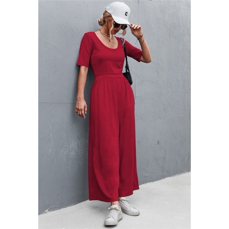 Scoop Neck Half Sleeve Wide Leg Jumpsuit