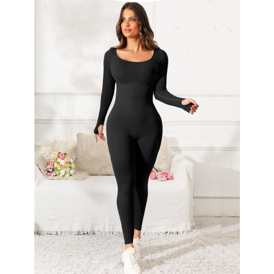 Scoop Neck Long Sleeve Active Jumpsuit Apparel and Accessories