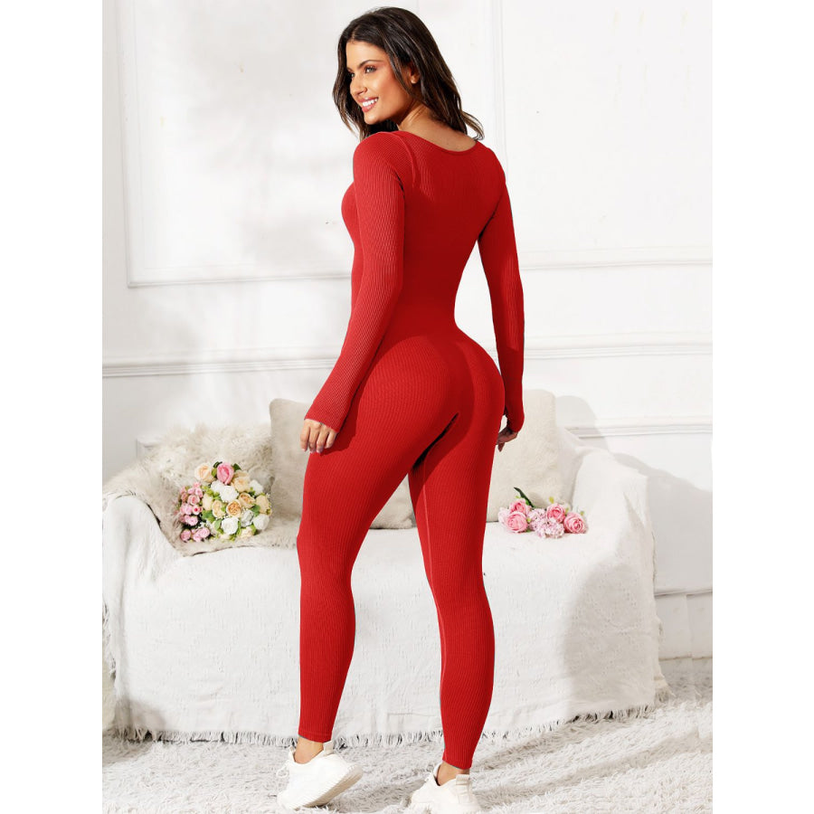Scoop Neck Long Sleeve Active Jumpsuit Apparel and Accessories