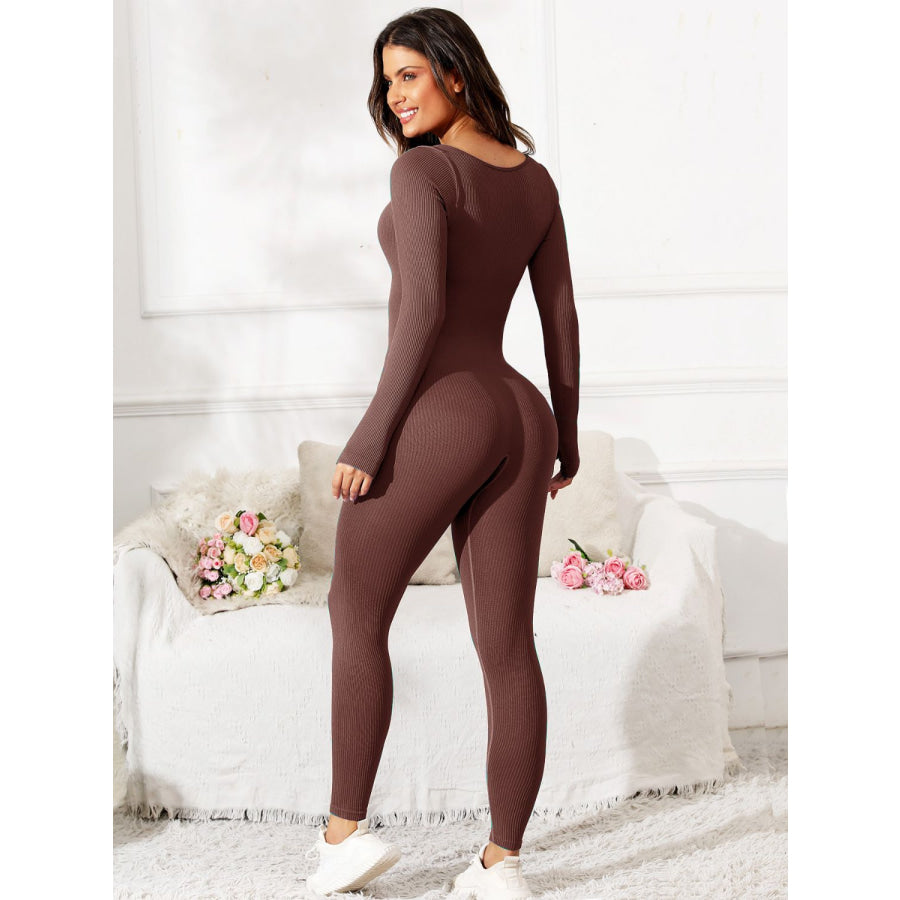 Scoop Neck Long Sleeve Active Jumpsuit Apparel and Accessories