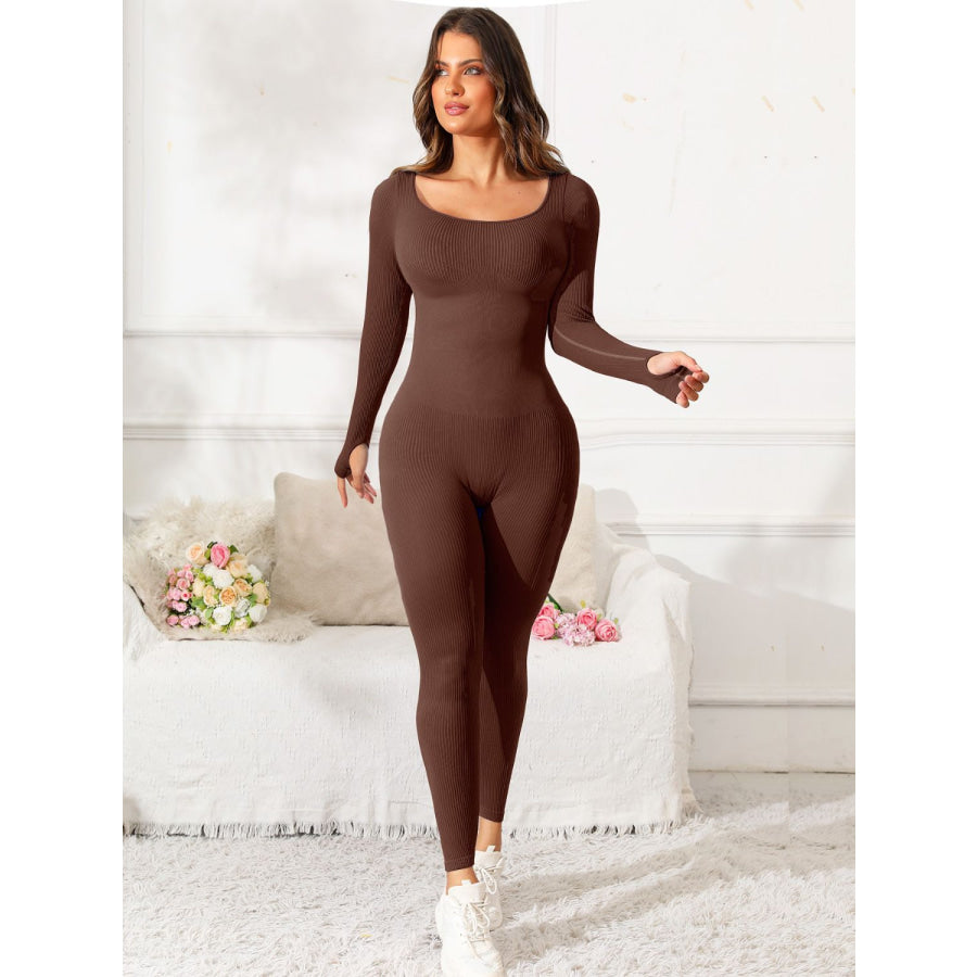 Scoop Neck Long Sleeve Active Jumpsuit Apparel and Accessories