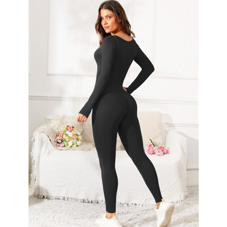 Scoop Neck Long Sleeve Active Jumpsuit Apparel and Accessories