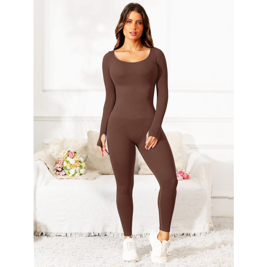 Scoop Neck Long Sleeve Active Jumpsuit Black / S Apparel and Accessories