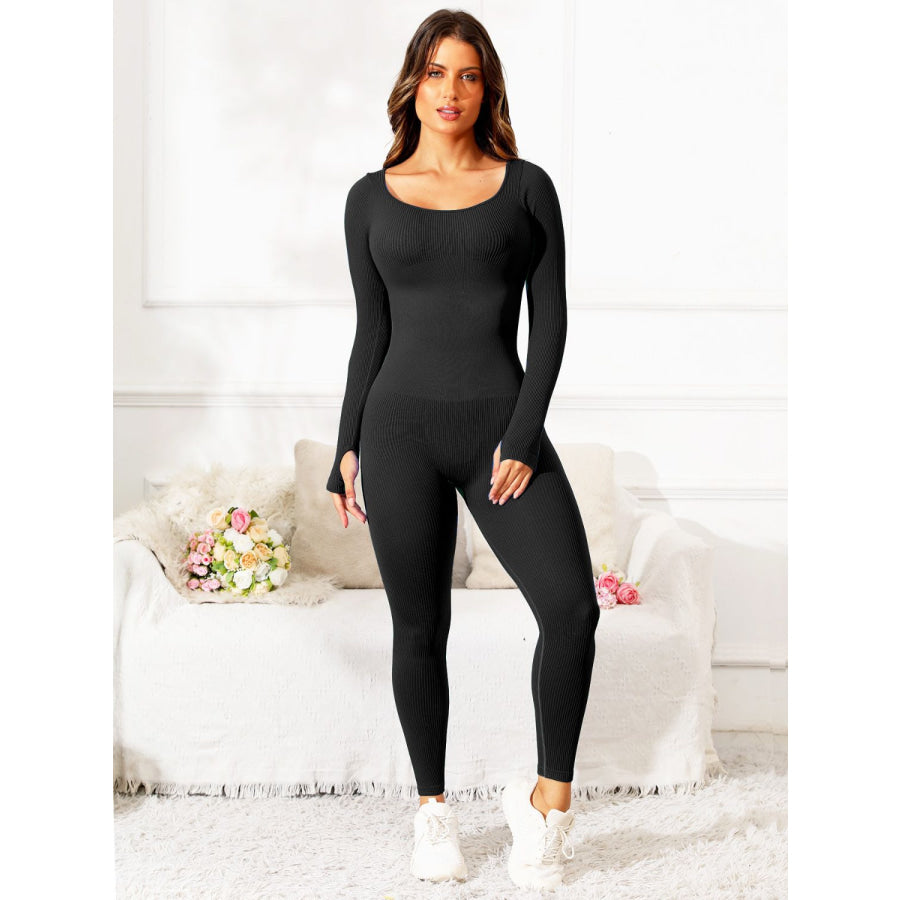 Scoop Neck Long Sleeve Active Jumpsuit Brown / S Apparel and Accessories