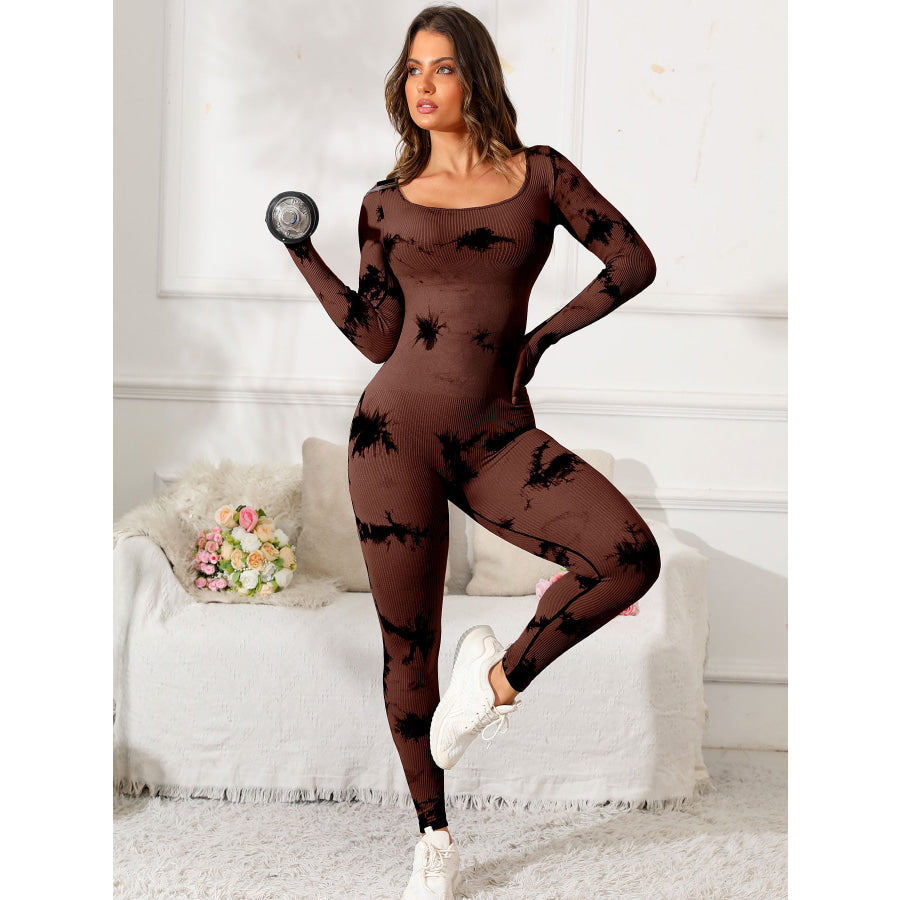 Scoop Neck Long Sleeve Active Jumpsuit Dark Brown / S Apparel and Accessories