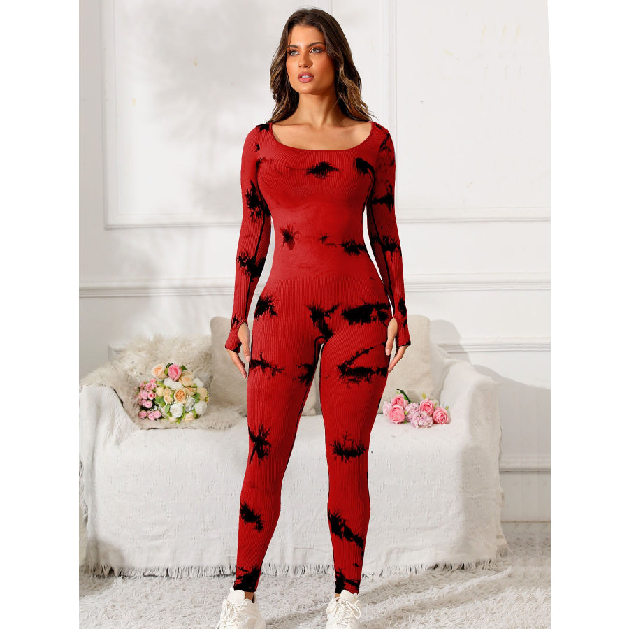 Scoop Neck Long Sleeve Active Jumpsuit Deep Red / S Apparel and Accessories