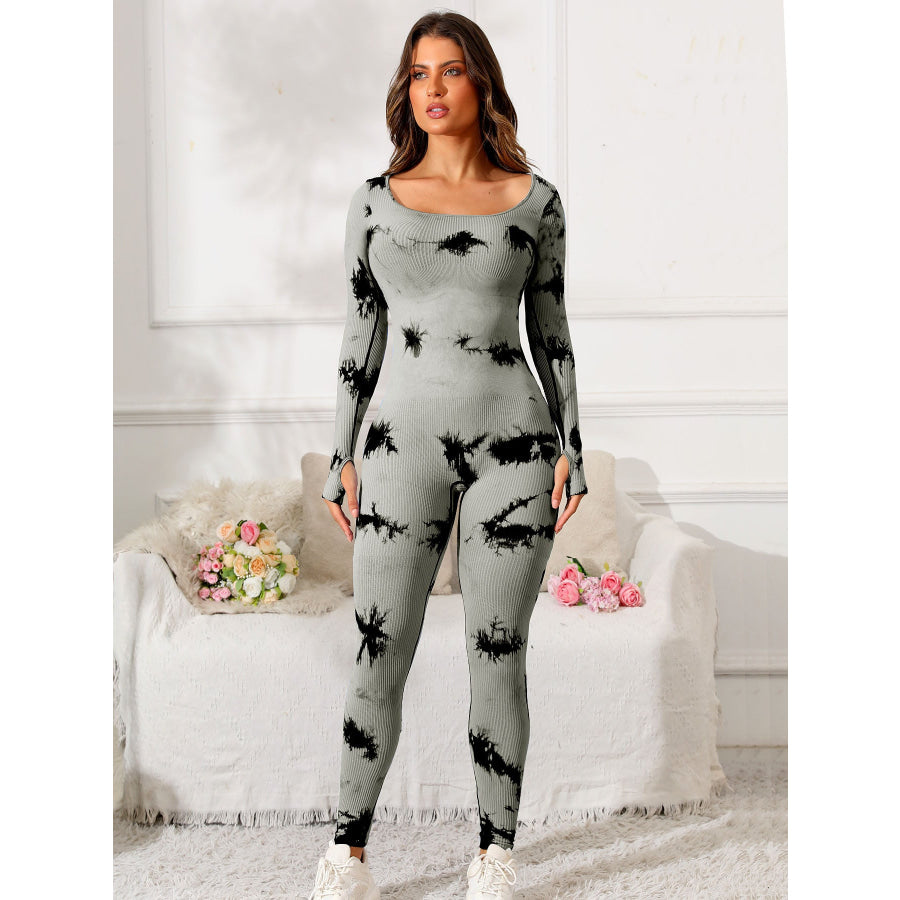 Scoop Neck Long Sleeve Active Jumpsuit Gray / S Apparel and Accessories