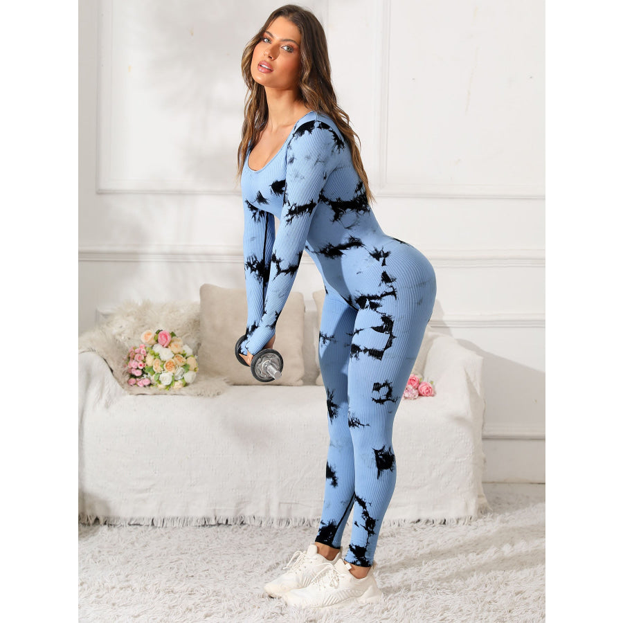 Scoop Neck Long Sleeve Active Jumpsuit Light Blue / S Apparel and Accessories