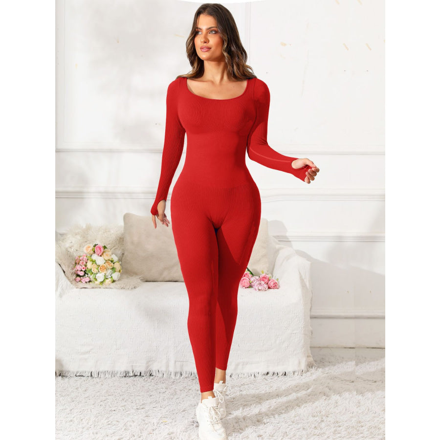 Scoop Neck Long Sleeve Active Jumpsuit Red / S Apparel and Accessories