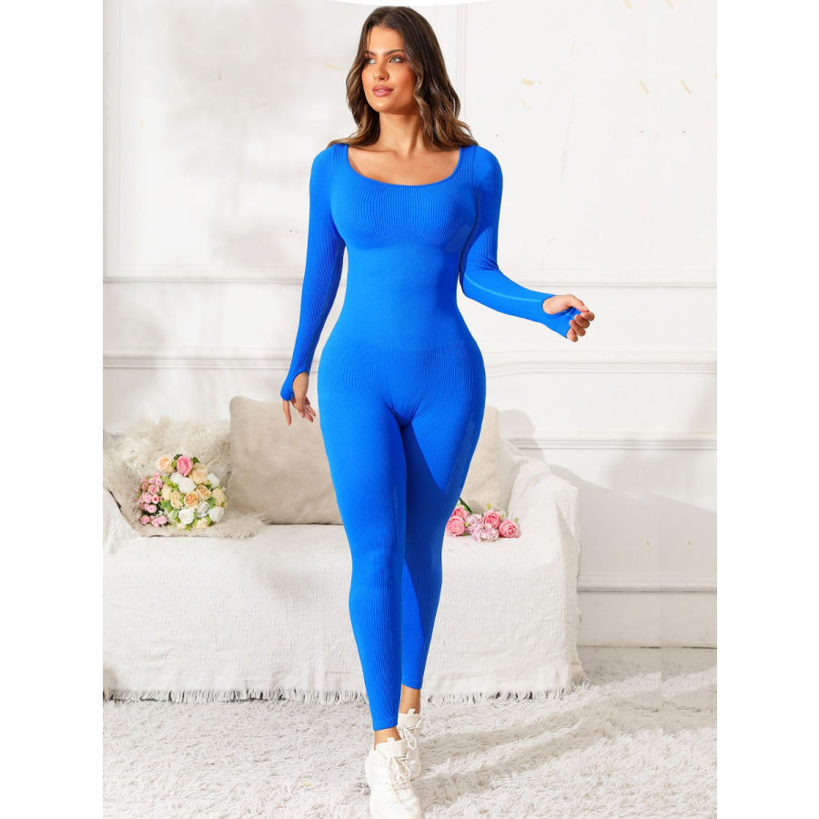 Scoop Neck Long Sleeve Active Jumpsuit Royal Blue / S Apparel and Accessories