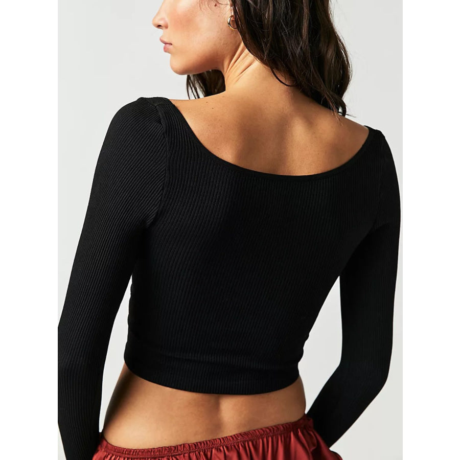 Scoop Neck Long Sleeve Cropped T-Shirt Apparel and Accessories