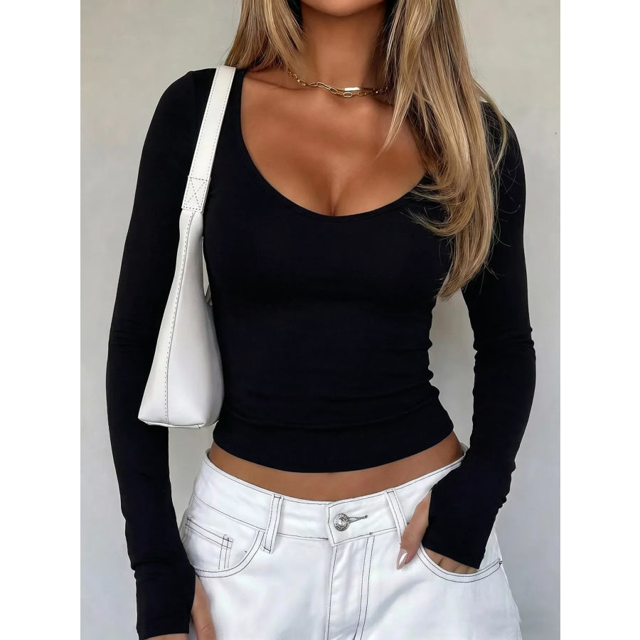 Scoop Neck Long Sleeve Cropped T-Shirt Apparel and Accessories
