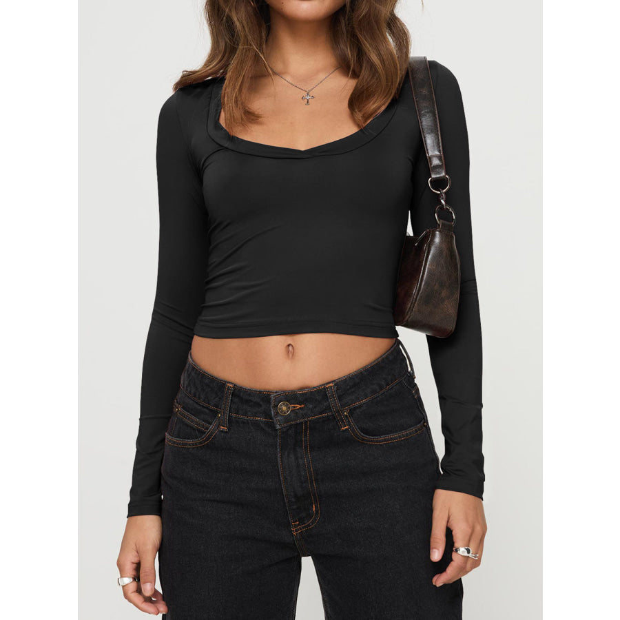 Scoop Neck Long Sleeve Cropped T-Shirt Black / S Apparel and Accessories