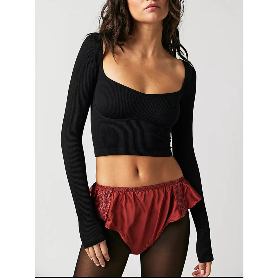 Scoop Neck Long Sleeve Cropped T-Shirt Black / S Apparel and Accessories