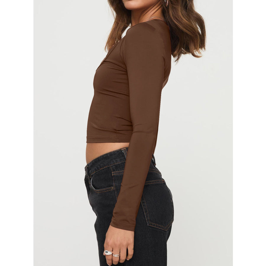 Scoop Neck Long Sleeve Cropped T-Shirt Brown / S Apparel and Accessories